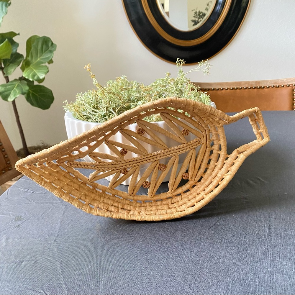 Natural Leaf Basket Bowl Table or Wall Decor Boho Organic Tan Brown